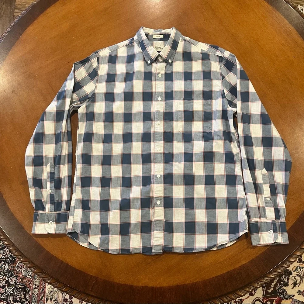 J. Crew Men’s Cotton Plaid Long-Sleeve Slim‎ Fit Button Down Shirt Large Preppy